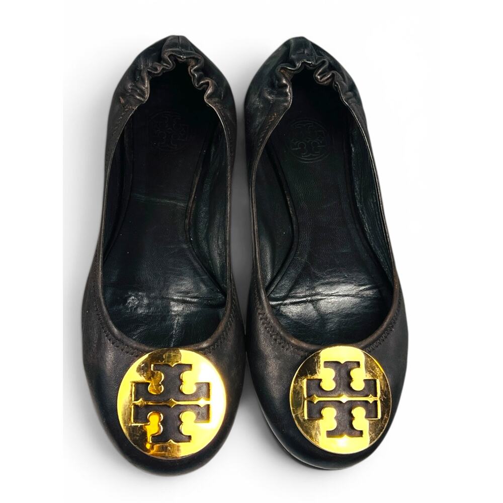 Tory Burch Minnie Travel Ballet Flats Brown Leather Gold Logo Medallion Size 6.5 - Picture 2 of 9